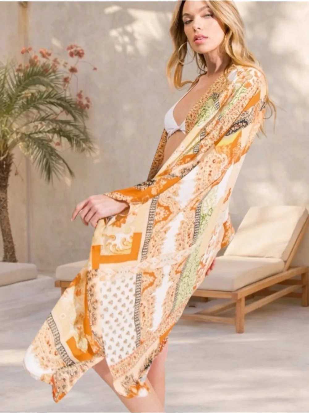 Scarf Print Boho Kimono Duster | Lightweight Beach Cover Up | Orange Patchwork